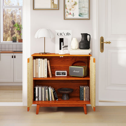 Mid Century Boho Freestanding Accent Cabinet, Handmade Paper Rope Woven Push-to-Open Double Doors, , Adjustable  Shelf, Sideboard Storage Cabinet for Kitchen Entryway  Living Room