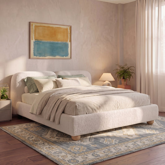 King Size Upholstered Bed Frame With Boucle Fabric &Thick Curved Headboard, Rounded Solid Rubber Wood Legs,White