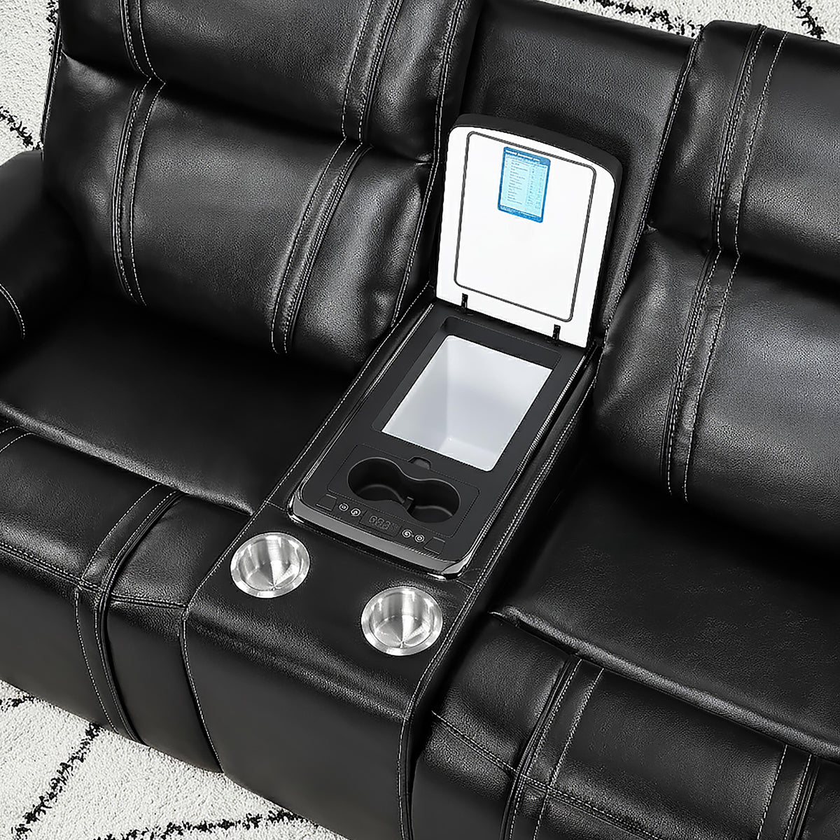 GARY BLACK LEATHER POWER CONSOLE RECLINING LOVESEAT WITH COOLER