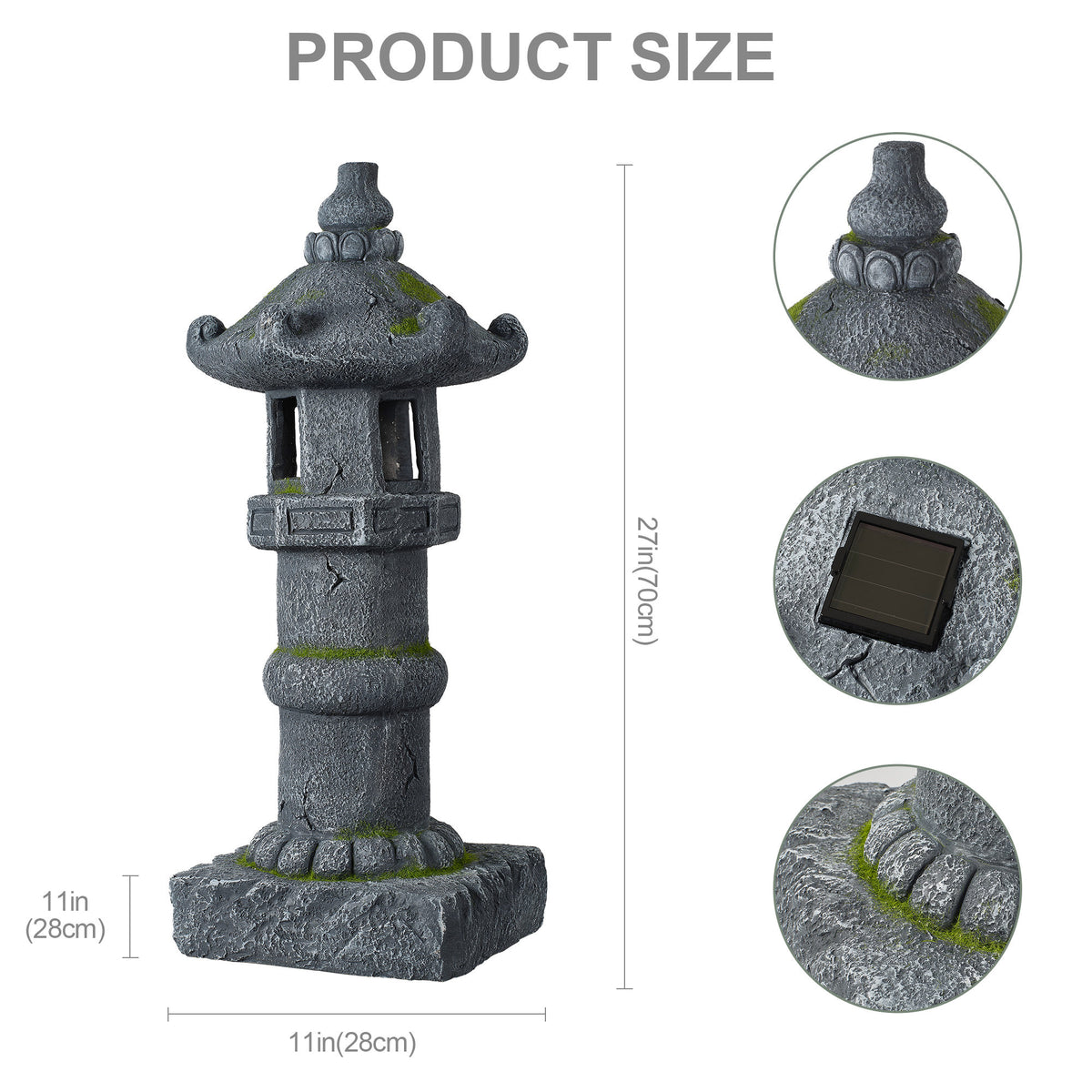 Magnesium Oxide Solar Pagoda Garden Statue with Warm LED Light, Oriental Stone Tower Lantern Outdoor Yard Patio Decor Ornament, Ideal Gift, 27.56'