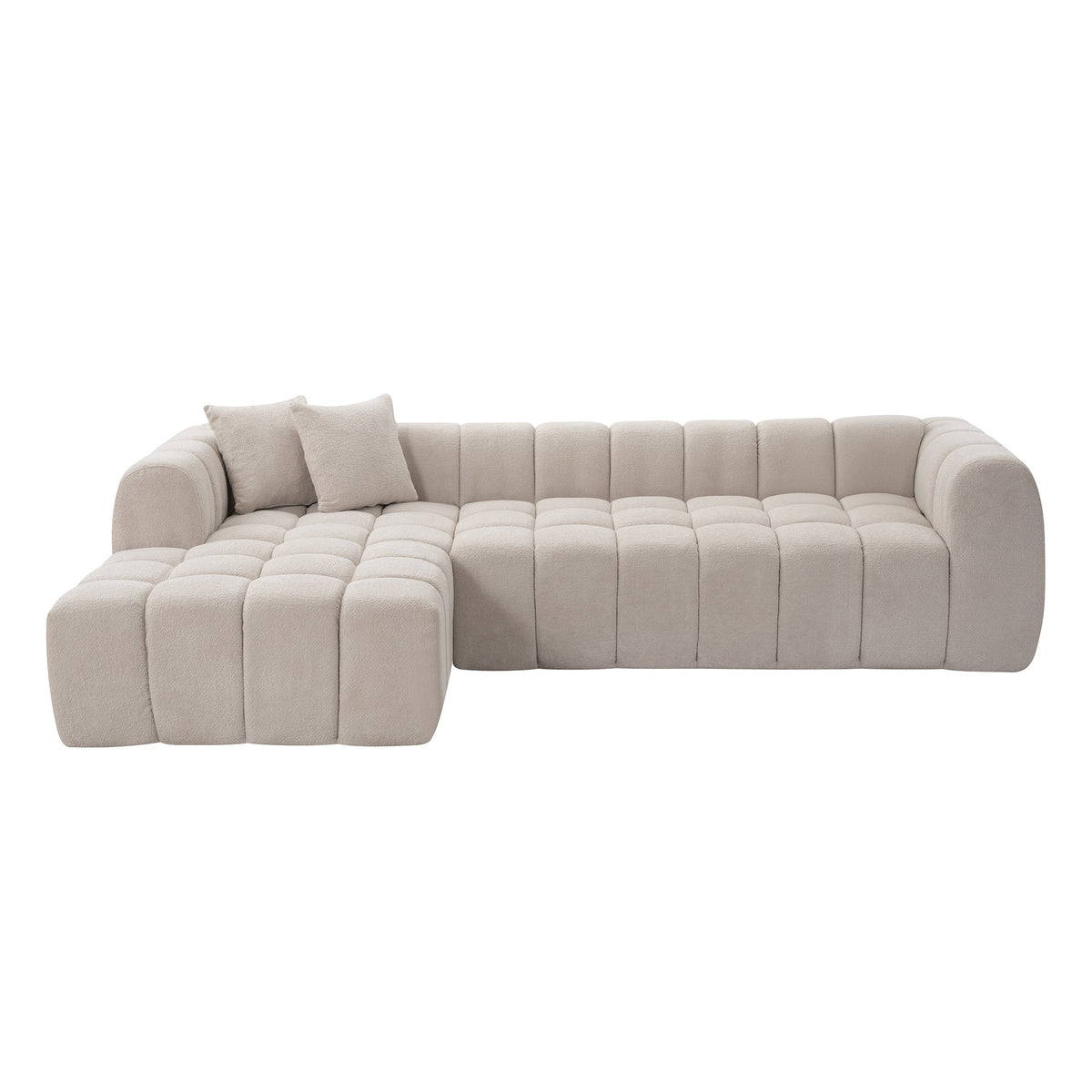 111.3" Camel Tufted Bubble Modular Sectional Sofa, Vacuum Compressed Foam L Shape Cloud Couch, Boucle Teddy Fabric Plush Corner Sofa with Pillows, Boneless Compression Sofa for Living Room.