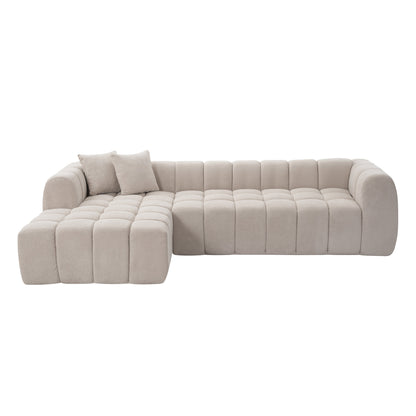 111.3" Camel Tufted Bubble Modular Sectional Sofa, Vacuum Compressed Foam L Shape Cloud Couch, Boucle Teddy Fabric Plush Corner Sofa with Pillows, Boneless Compression Sofa for Living Room.