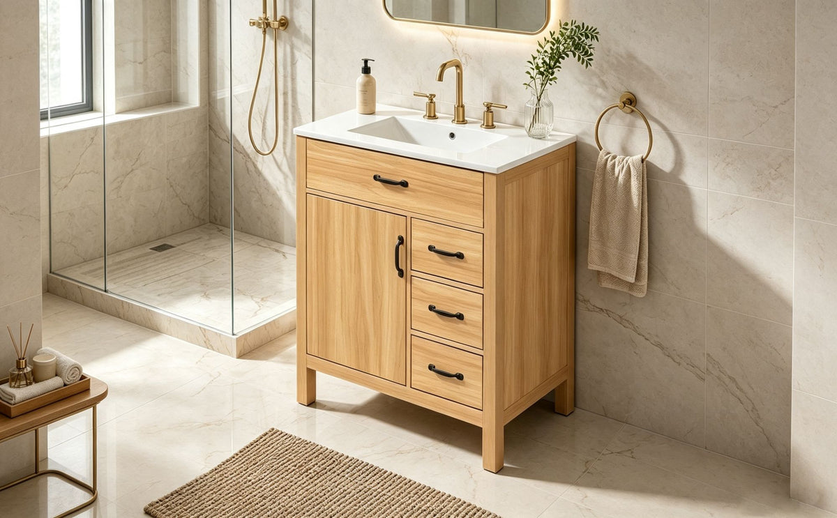 Modern 30 Inch Bathroom Vanity with Ceramic Sink, MDF Cabinet & Solid Wood Legs, Soft Close Drawers, Black Zinc Alloy Handles, Wood Finish