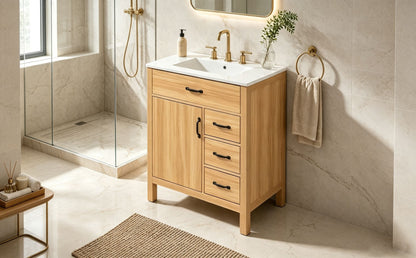 Modern 30 Inch Bathroom Vanity with Ceramic Sink, MDF Cabinet & Solid Wood Legs, Soft Close Drawers, Black Zinc Alloy Handles, Wood Finish