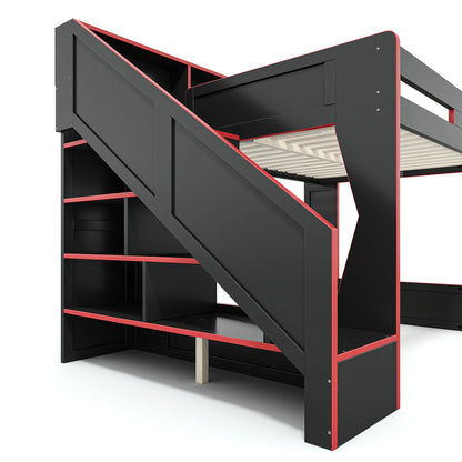 Queen Size Gaming Loft Bed with Storage Stair & Open Headboard Shelves, LED Light & USB Charging Desk, Elevated Loft Bed Frame with House-Shaped Cutout Design for Gamers,Black&Red