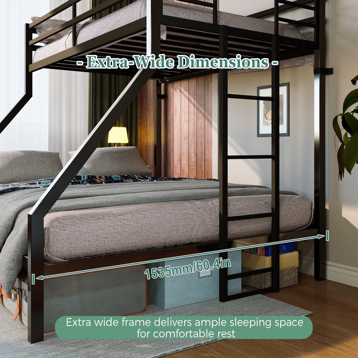 Heavy Duty Twin Over Queen Bunk Bed, Sturdy Metal Bunk Bed Frame with Flat Ladder & Full-Length Guardrail, 1000 lbs Capacity, Noise-Free, Easy Assembly, Space-Saving Industrial Bunk Beds , Black