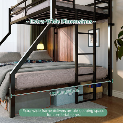 Heavy Duty Twin Over Queen Bunk Bed, Sturdy Metal Bunk Bed Frame with Flat Ladder & Full-Length Guardrail, 1000 lbs Capacity, Noise-Free, Easy Assembly, Space-Saving Industrial Bunk Beds , Black