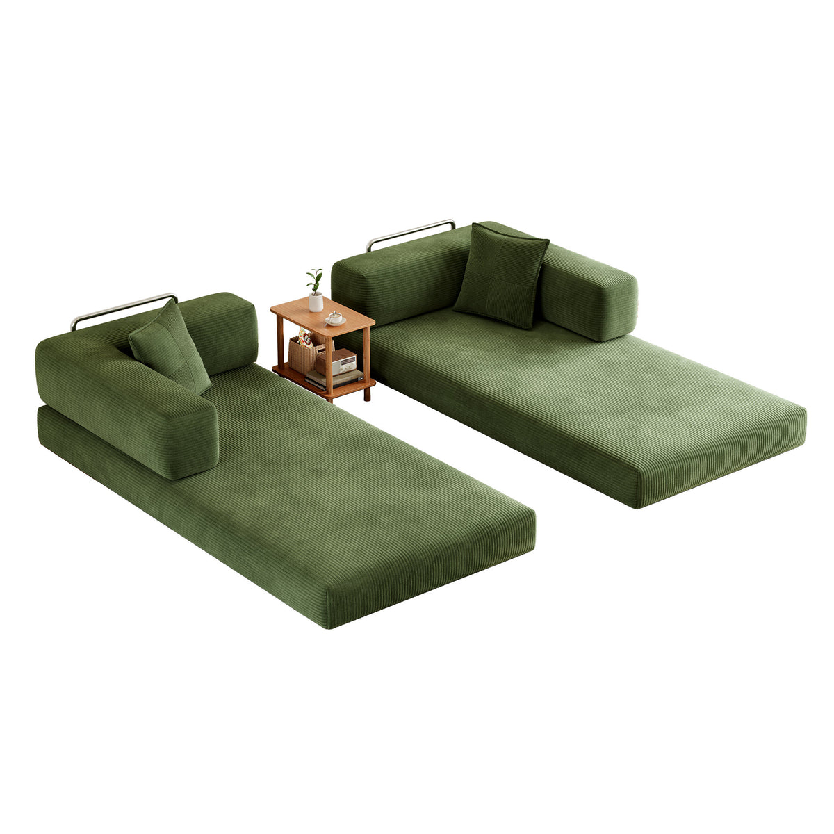 79-Inch Teddy Couch Convertible Sleeper Sofa Bed, 5-in-1 Corduroy Floor Sofa with High-Density Foam, Metal Back and Arm Supports, Washable Cover and Side Pockets, Green