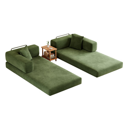 79-Inch Teddy Couch Convertible Sleeper Sofa Bed, 5-in-1 Corduroy Floor Sofa with High-Density Foam, Metal Back and Arm Supports, Washable Cover and Side Pockets, Green