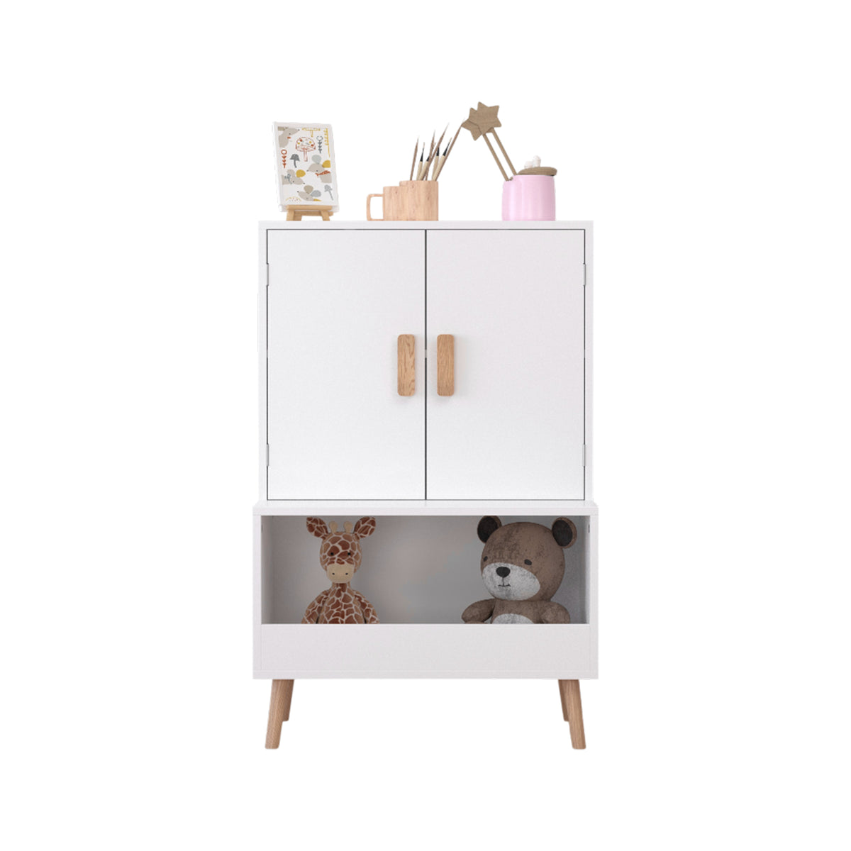Kids Toy Storage Cabinet with Doors and Open Shelf, White Modern Wooden Organizer with Natural Wood Legs, Toddler Bookshelf