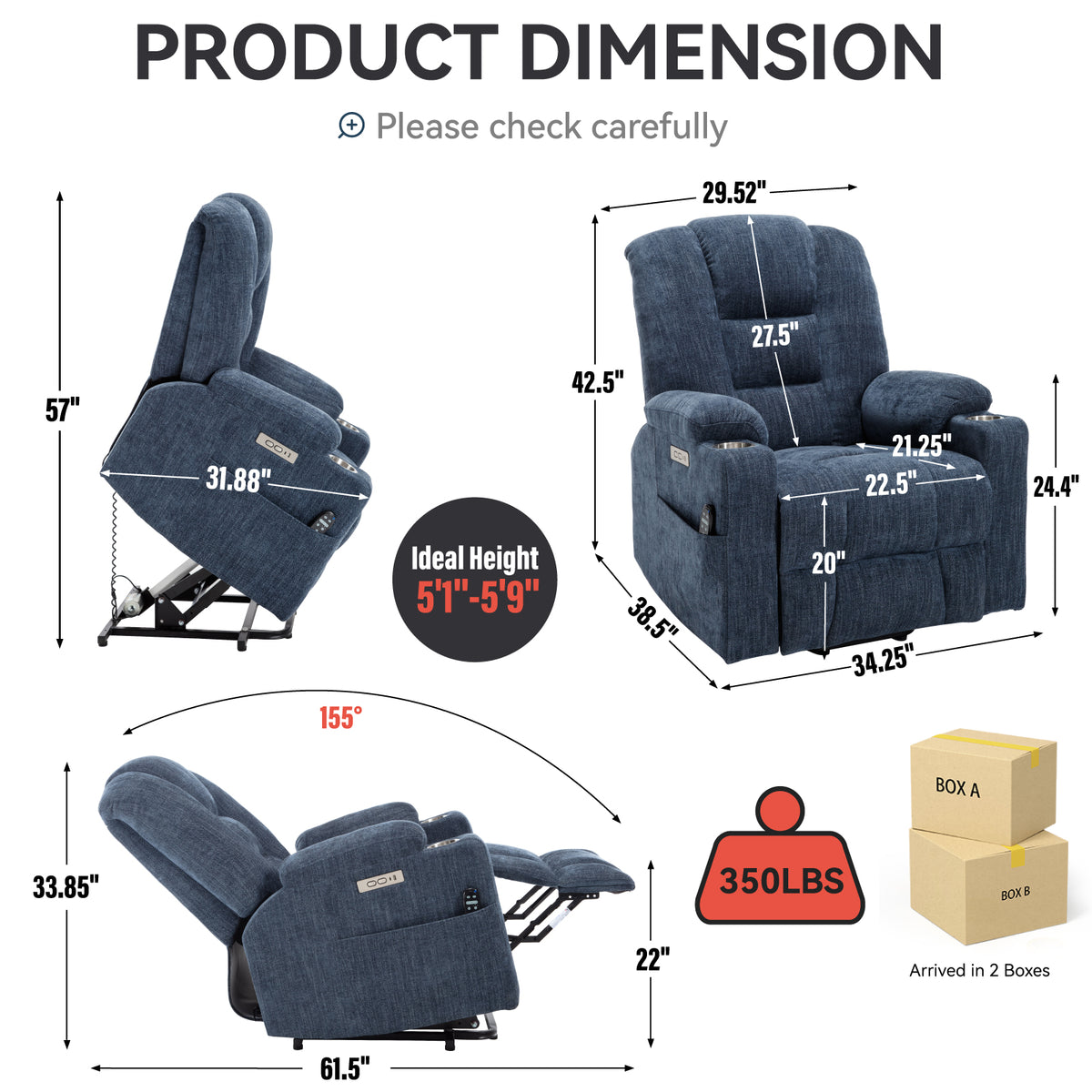 Power Lift Recliner Chair with Massage and Heat for Elderly, Overstuffed Wide Recliners, Heavy Duty Motion Mechanism with USB and Type C Ports, 2 Steel Cup Holders, Blue
