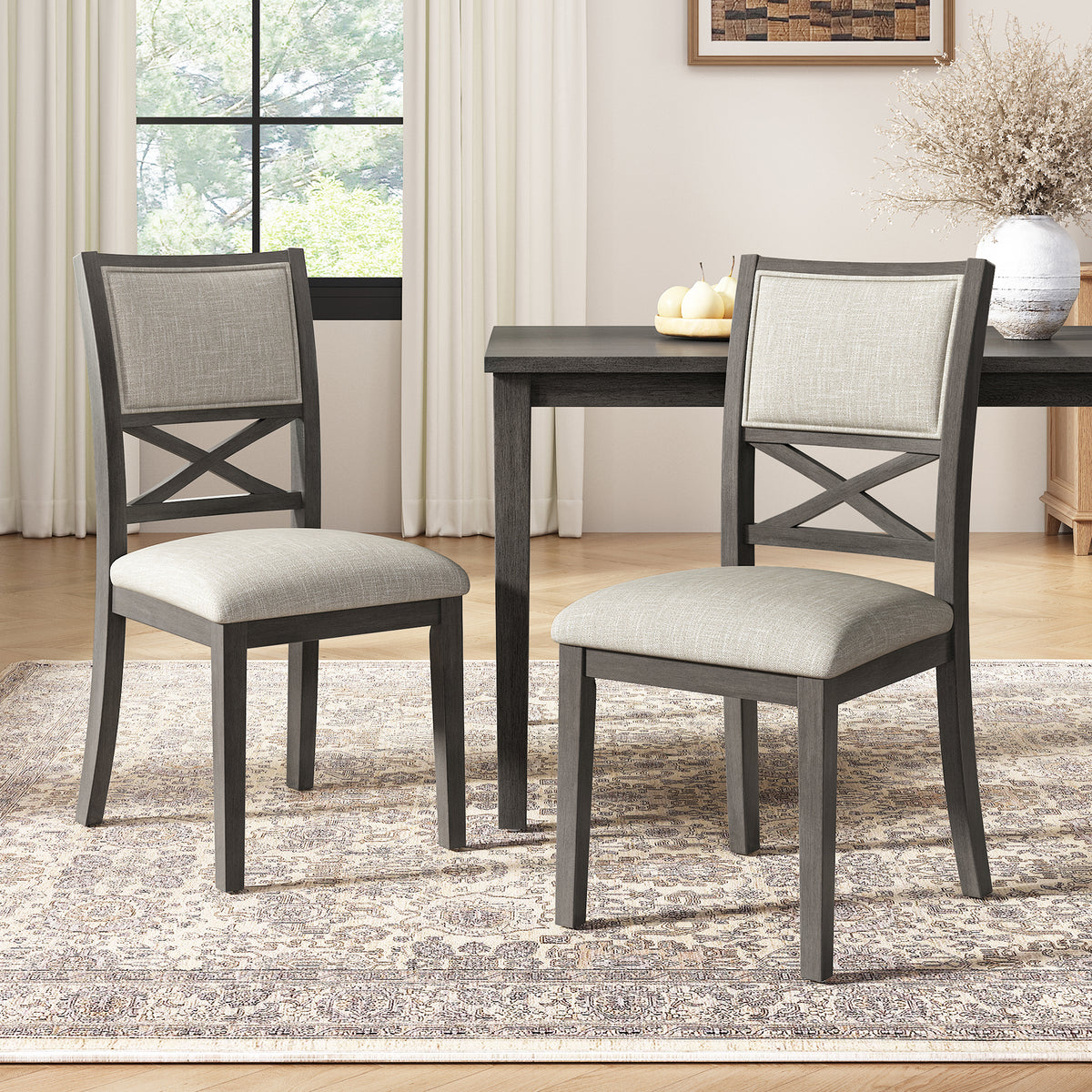 Upholstered Dining Chairs Set of 4, Farmhouse Style Chairs, 3.27" Thick Padded Foam Seat & Ergonomic High Cross Back, Sturdy Rubberwood Legs for Dining Room, Dark Gray + Beige Cushion