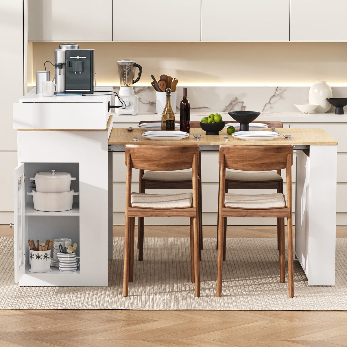[VIDEO] TREXM Extendable Dining Table with Folding Tabletop, Bar Table with Drawers and Power Outlet, Kitchen Island with Wheels and Hooks, Sideboard for Kitchen and Dining Room (Creamy White+Natural)