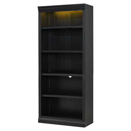 83.4' Tall Wood Bookcase with light strip,5-Tier Decor Bookshelves with Adjustable Shelves,Storage Organizer for CDs/Books/Movies,Free Standing Storage Shelves for Living Room,Home Office,Black