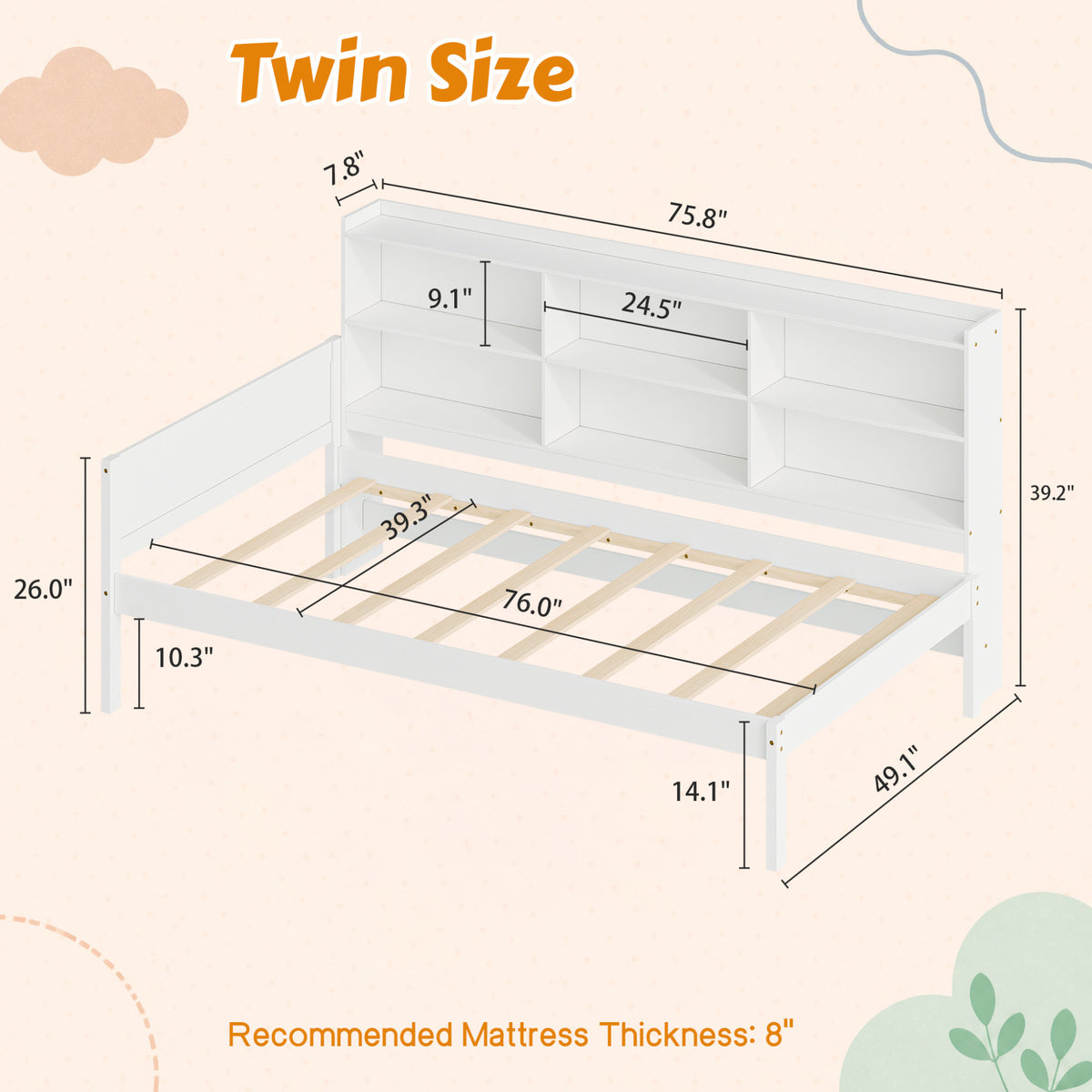 Twin Size Solid Wood Single Bed with Large Multi-compartment Storage Headboard Bookshelf, Simple Solid Wood Bed Frame, Multi-functional Storage Bed for Bedroom,White
