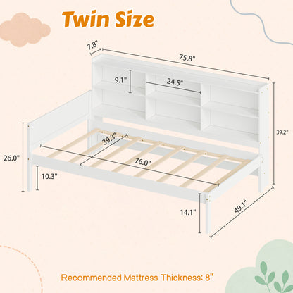 Twin Size Solid Wood Single Bed with Large Multi-compartment Storage Headboard Bookshelf, Simple Solid Wood Bed Frame, Multi-functional Storage Bed for Bedroom,White