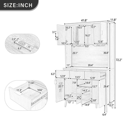 U_Style 72.2" High Kitchen or Bar Cabinet with Electrical Outlet and LED Light, Wine Bottle Storage with Nine-Grid Wine Rack,Multi-Functional Home Sideboard for Dining Room, and Hallway