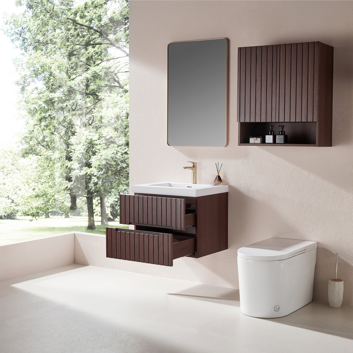 24' Wall Mounted & Floating Single Dark Walnut Bathroom Vanity with Acrylic Integrated White Basin, Pre-assembled Plywood Cabinet With 2 Drawers