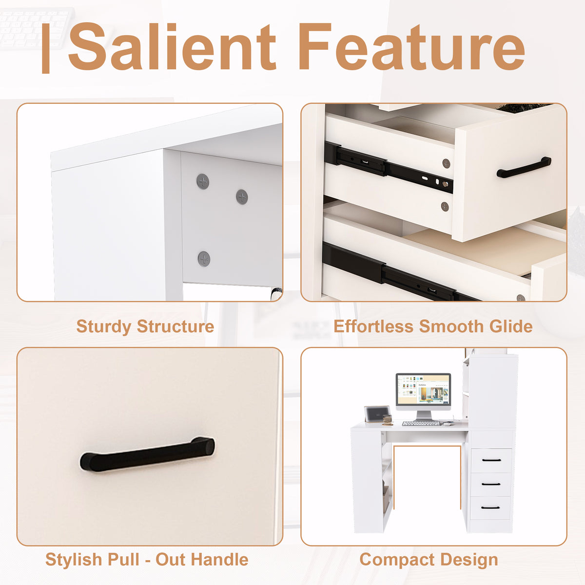 White Computer Desk with 4-in-1 Socket, the Desk with 3 Slide Drawers and 4 Storage Levels, the Wooden Desk is Suitable for a Variety of Places