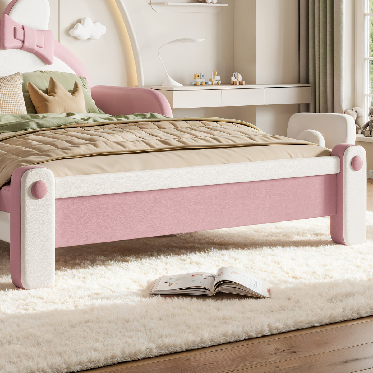 Full Cute Cat Shaped Upholstered Kids Platform Bed, Princess Style Low Profile Children Bed Frame for Bedroom,white&Pink