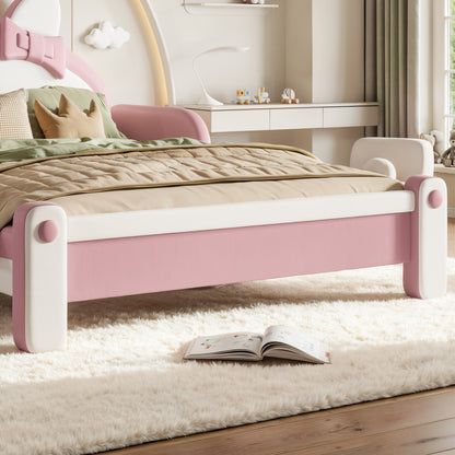 Full Cute Cat Shaped Upholstered Kids Platform Bed, Princess Style Low Profile Children Bed Frame for Bedroom,white&Pink