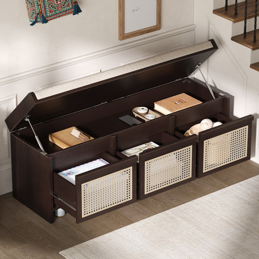 TREXM 48" Entryway Shoe Bench, Retro Storage Bench with Rattan Drawers & Removable Button‑Tufted Upholstered Cushion for Living Room, Hallway, Foyer, Stair Landing, 5 Colors Available (Espresso)