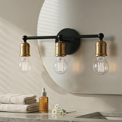 3-Light Black and Gold Industrial Farmhouse Wall Sconce, Metal Vanity Light for Bathroom, Bedroom, Hallway, No Bulbs Included