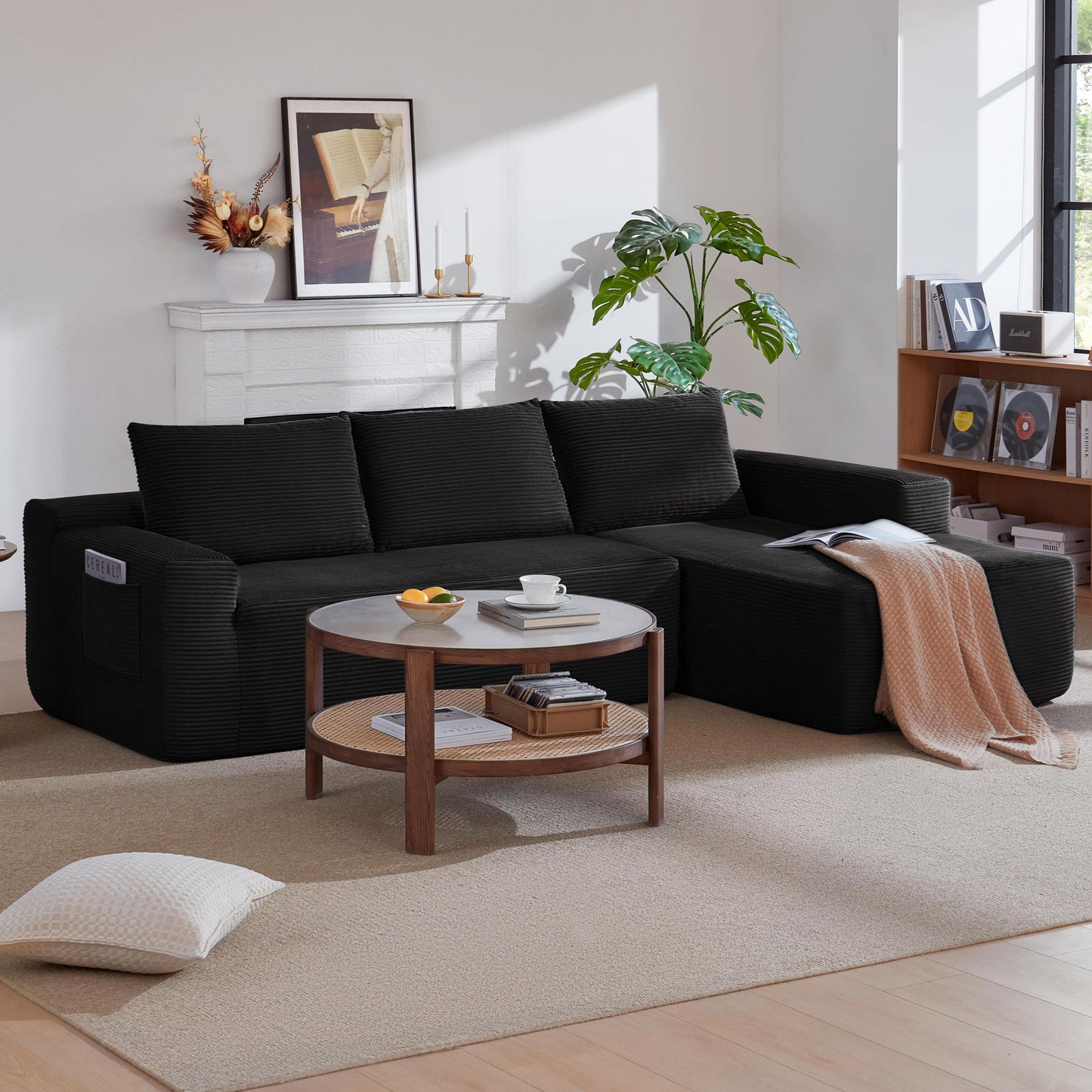 96.9' Cloud Sectional Couch with L-Shape Chaise,Modern Modular Sofa with Deep Seat, Upholstered Couches for Living Room Bedroom,No Assembly Required, (Corduroy Fabric),Black