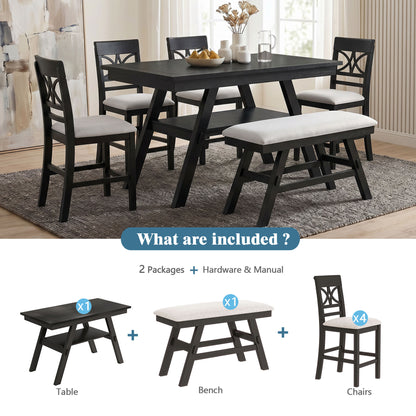 TOPMAX 6-Piece Wood Counter Height Dining Table Set with Storage Shelf, Kitchen Table Set with Bench and 4 Chairs, Rustic Style