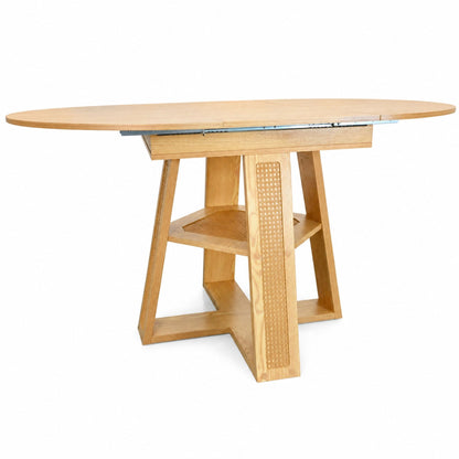 43.3'-59.05' Extendable Round Dining Table for 4-6, Round-to-Oval Kitchen Table with Removable Extension Leaf, Cross-Shaped Base and Storage Shelf, Natural