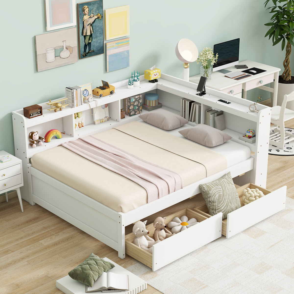 Full Size L-shaped Bookcases Bed with Power Outlets, USB Charging Ports, Two Drawers, Whtie