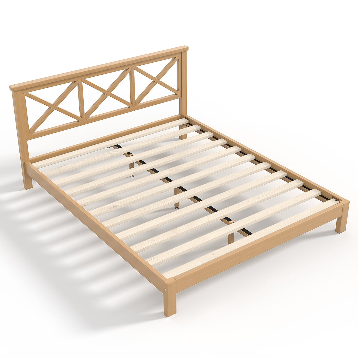 Queen Platform Bed with ''X'' Design Headboard, Bamboo-made Bed Frame Queen Size with Suppport Slats, Mid-century Style, Natural