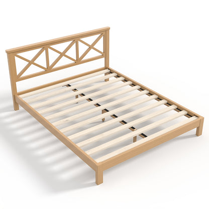 Queen Platform Bed with ''X'' Design Headboard, Bamboo-made Bed Frame Queen Size with Suppport Slats, Mid-century Style, Natural