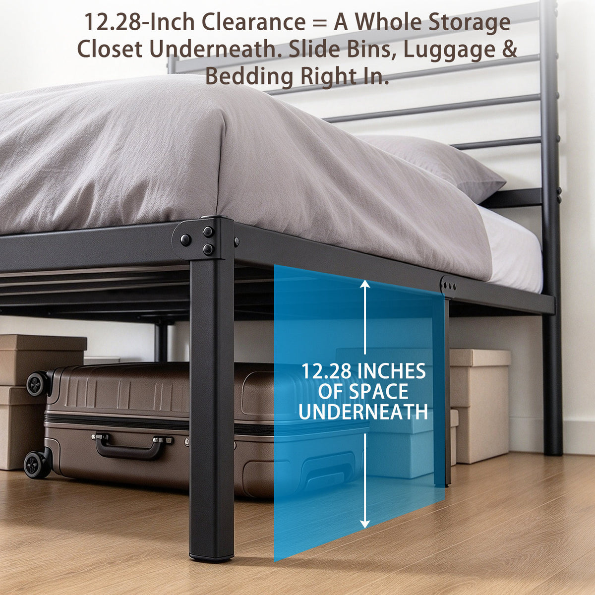 Twin Metal  Bed Frame with Headboard, 440 LBS Heavy Duty Steel Slat Support, No Box Spring Needed, 12.28" Under Bed Storage, Noise-Free & Easy Assembly, Black
