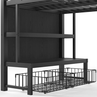 Twin Metal Low Loft Bed for Kids, Low Loft Bed with Storage Drawer, Low Loft Bed with Bookshelf & Storage Bag, Sturdy Low Loft bed Frame with Open Storage Space for Bedroom, Black