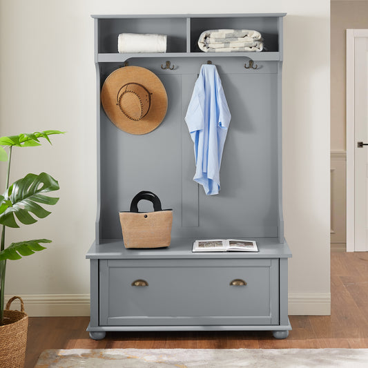 Modern Classic Hall Tree with Shoe Rack Bench and Coat Hooks for Hanging Storage, Entryway Bench with Open Shelves and Shoe Cabinets 40.16'W*18.58'D*64.17'H GRAY