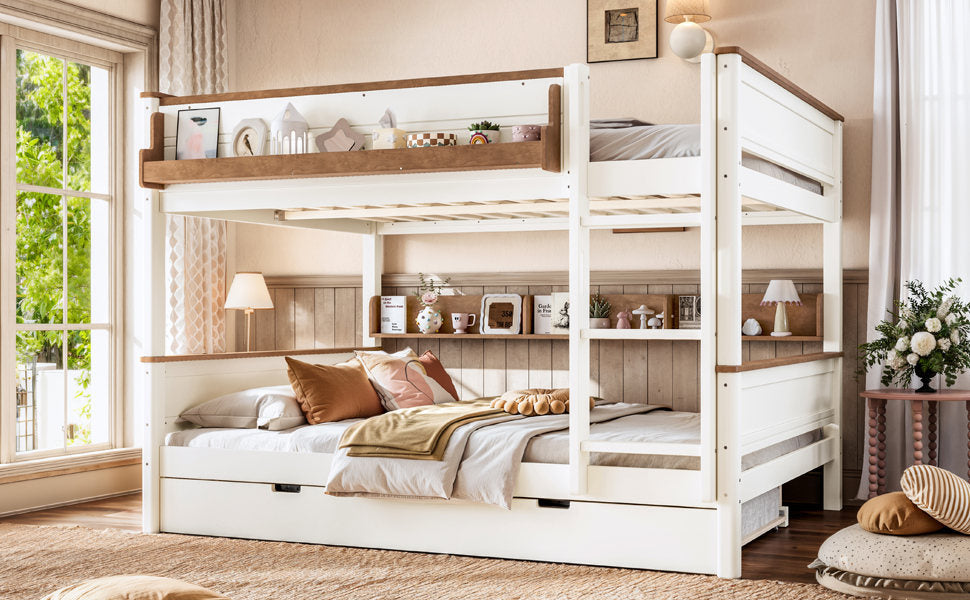 Queen over Queen Wood Bunk Bed with Pull-out Trundle Bed, Side Storage Shelf, Detachable Bunk Bed Frame, Convertible Into 2 Separate Beds for Kids Teens Adults, Beige&Natural