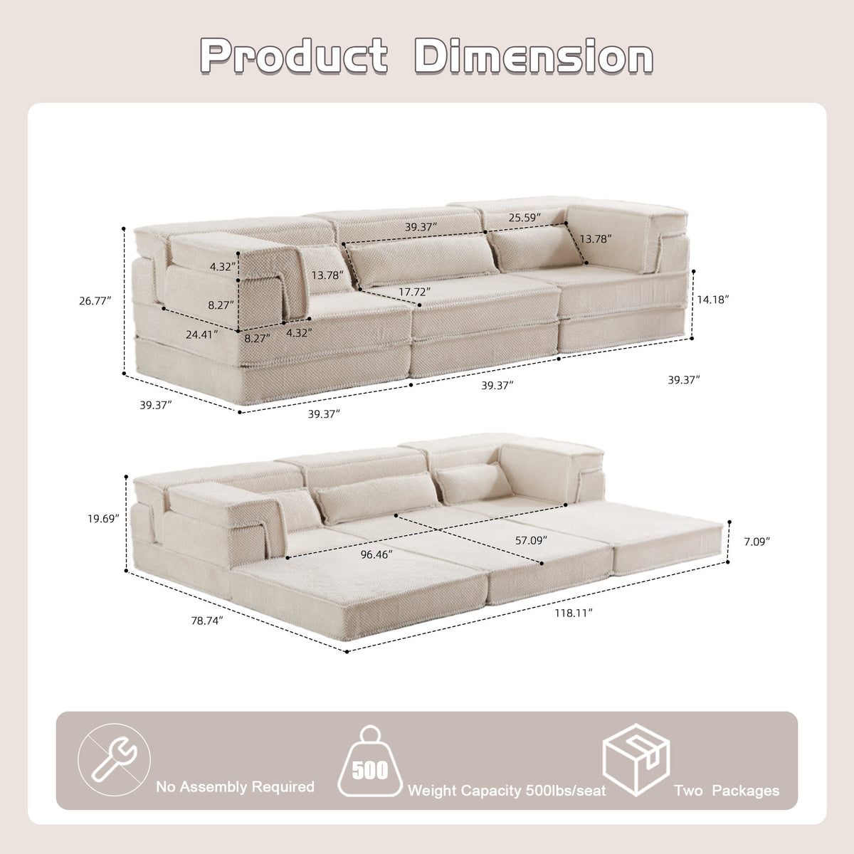 Compression Mahjong Sofa, Convertible Floor Sofa Bed, DIY Boneless Modular Sectional Sofa, No Assembly Required, Circle fleece fabric – Model W3723S00019