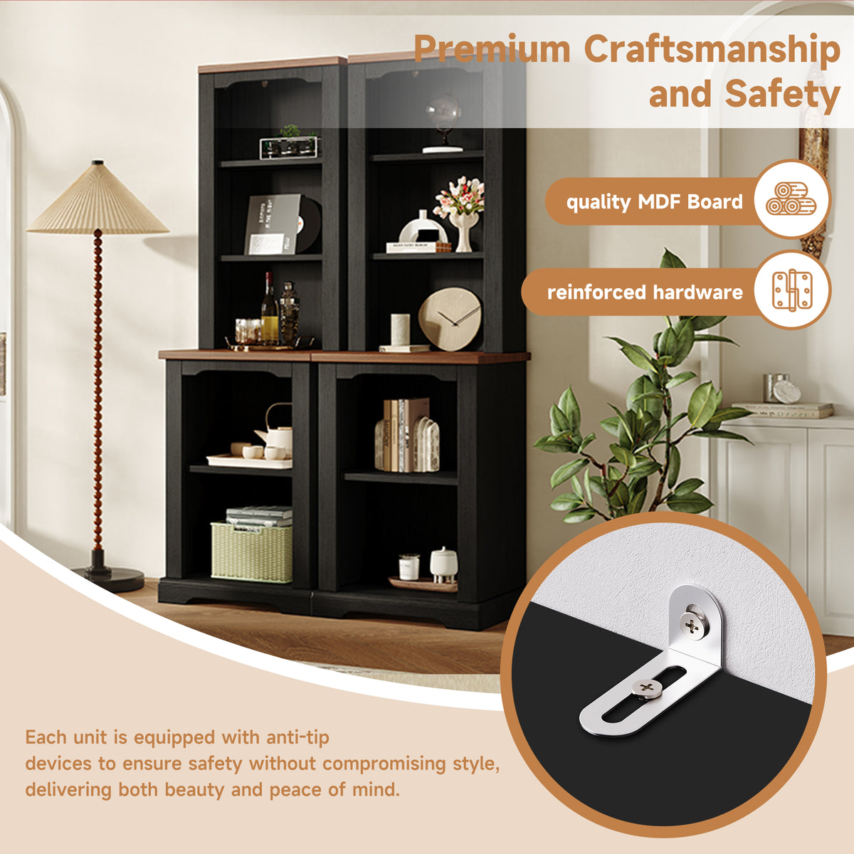 ON-TREND Two-Piece Elegant Freestanding Tall Cabinet with Fully Open Storage, Walnut Element Bookshelves with Curved Design
