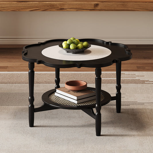 Mid-Century Style Coffee Table with Petal Shape and White Crackle Pattern Glass, 2-Tiered Coffee Table with Rattan, Black, 31.5"