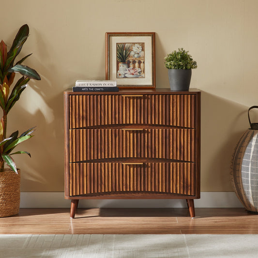 Fluted 3 Drawer Dresser, Mid-Century Modern Tall Chest of Drawers with Vertical Grooved Design