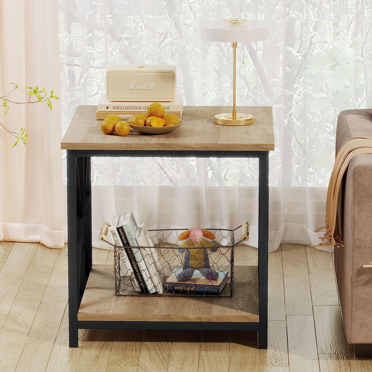24" End Table with Storage, 2-Tier Side Table with Open Shelves for Living Room, Bedroom Nightstand, Farmhouse Accent Table, Grey Wash