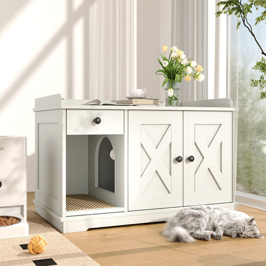 GO Cat Litter Box Enclosure, Litter Box Furniture Hidden with Cat Litter Mat, Indoor Cat House with Storage Drawer Side Table, Farmhouse Style Cat Box Cabinet for Living Room, White