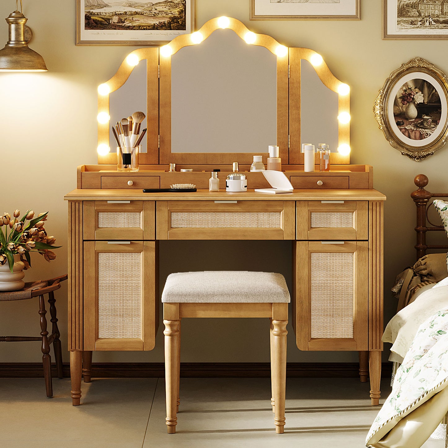 44.37 ' Makeup Vanity Desk with 13 Hollywood Bulbs and 3 Lighting Modes, Dressing Table with Tri-Fold Mirror   Large Vanity Table with 5 Drawers and Shelves and  Charging Station for Bedroom, Natural