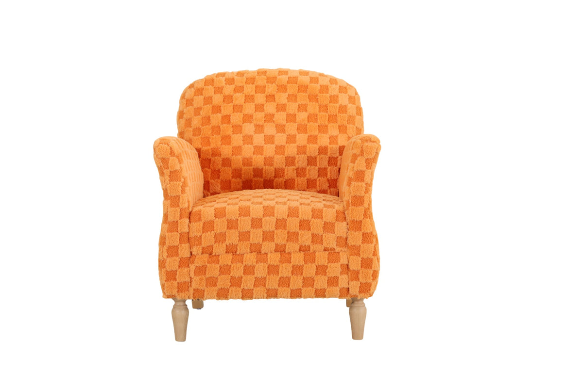 Checkered Corduroy Accent Armchair, Plush Checkerboard Upholstered Single Sofa Chair with Solid Wood Legs, Comfort Upholstered Side Chair, Available in Beige, Orange & Gray for Living Room and Bedroom