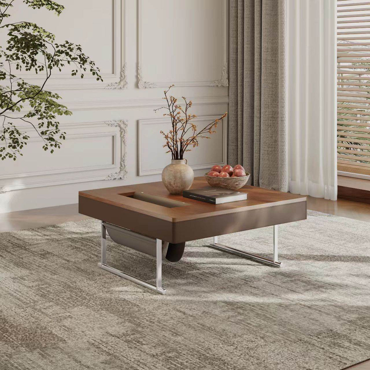 35.43" Square Walnut Coffee Table with Thickened Tabletop, Saddle Leather-Wrapped Edge and Polished Stainless Steel Base, Modern Cocktail Table for Living Room