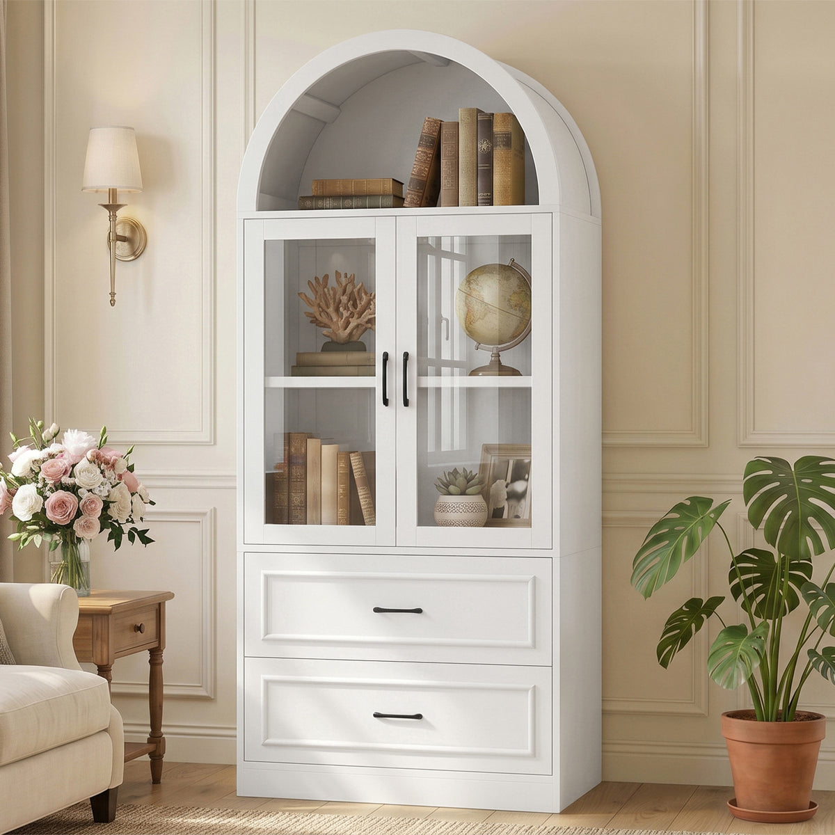 [Video] Modern Minimalist Arched Top Storage Cabinet with Tempered Glass Doors, Fixed 2-Tier Shelves, 2 Large Drawers, Soft Close Hinges & Exquisite Metal Handles, White