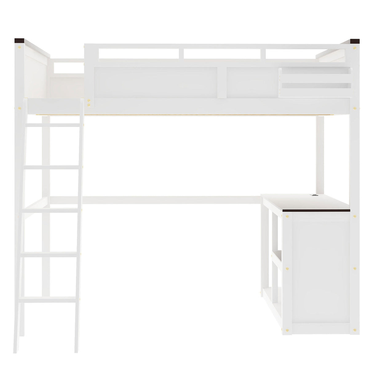White Queen Size Loft Bed with Desk, Open Shelf, Storage Box and USB Charging Station, Pine+MDF