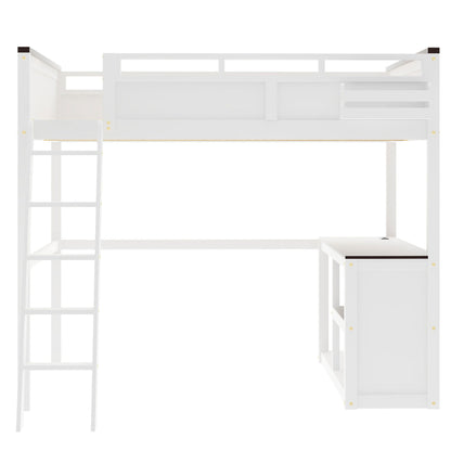 White Queen Size Loft Bed with Desk, Open Shelf, Storage Box and USB Charging Station, Pine+MDF