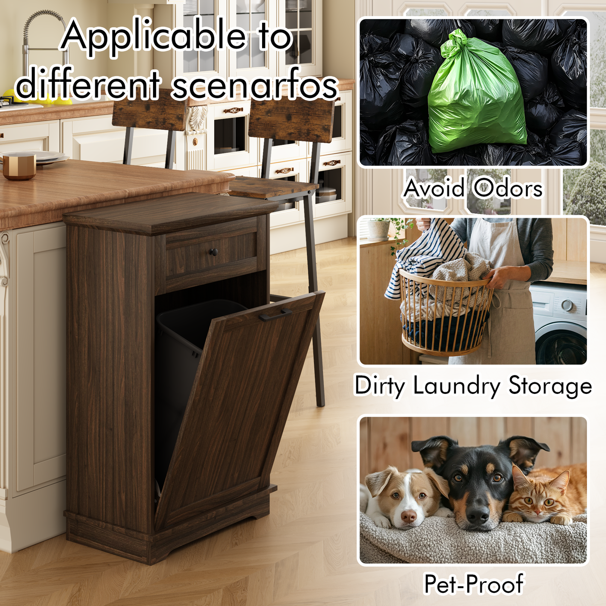 10 Gallon Tilt Out Trash Cabinet Freestanding Trash Bin Cabinet Wood Garbage Recycling Cabinet with Hideaway Drawer Pet Proof Trash Can Holder for Kitchen Living Room, Antique Brown (not include can)